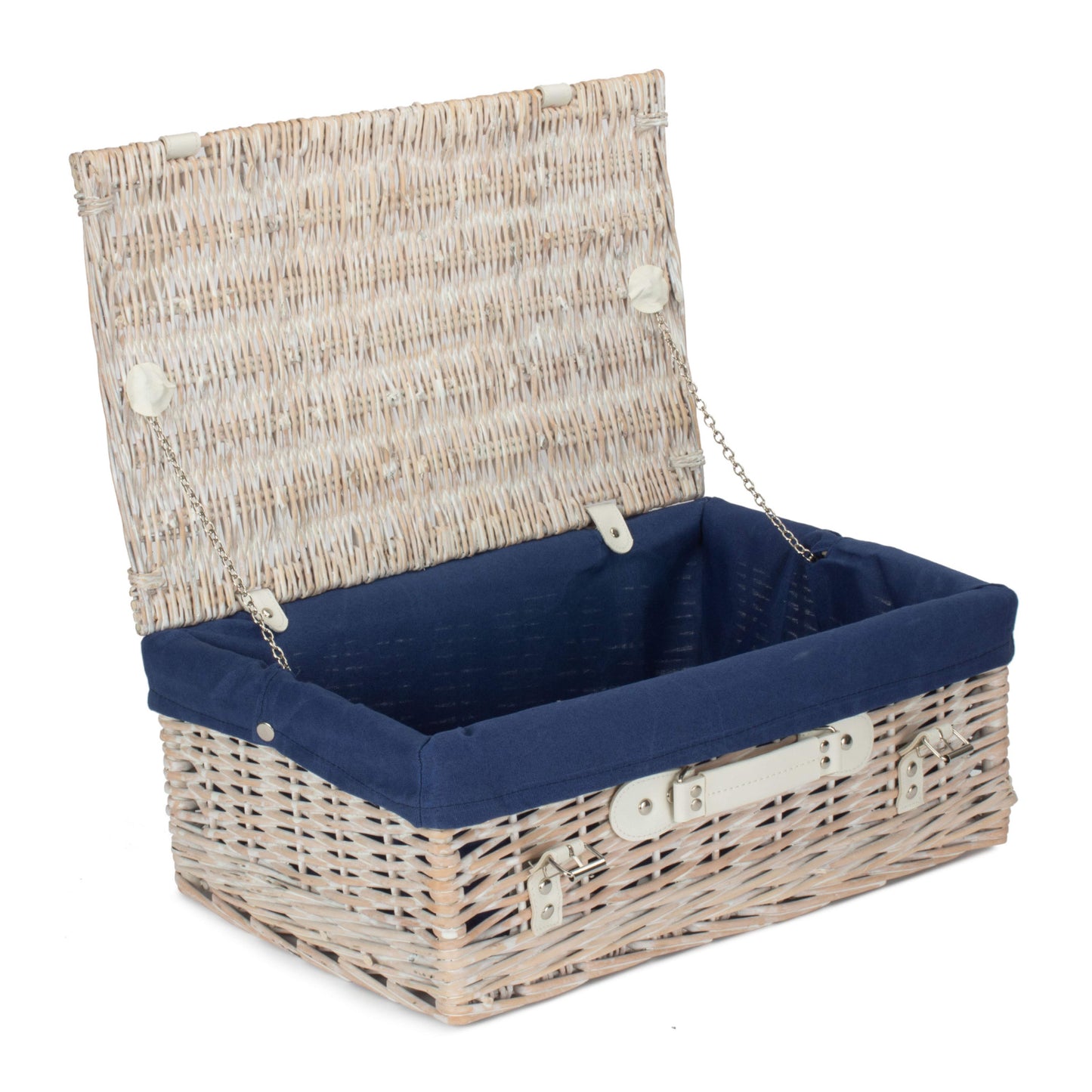 18 Inch White Wash Willow Hamper with Navy Blue Lining