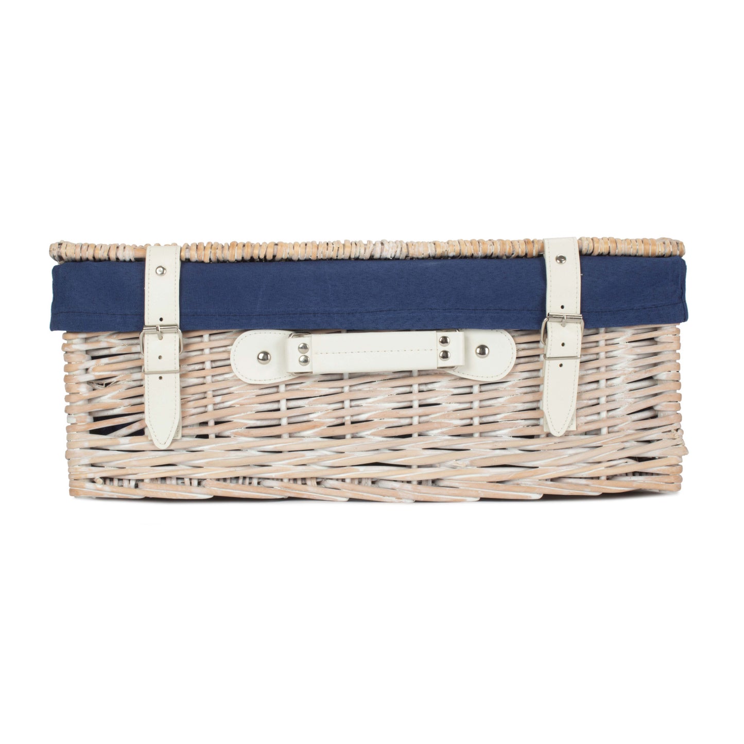 18 Inch White Wash Willow Hamper with Navy Blue Lining