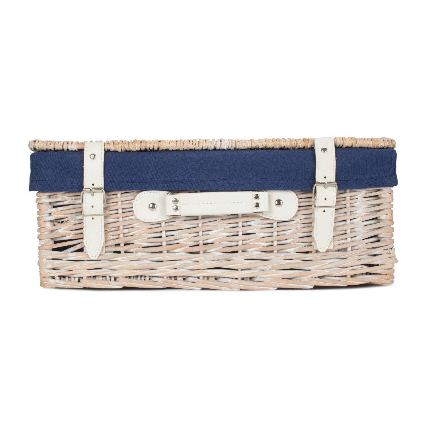 18 Inch White Wash Willow Hamper with Navy Blue Lining