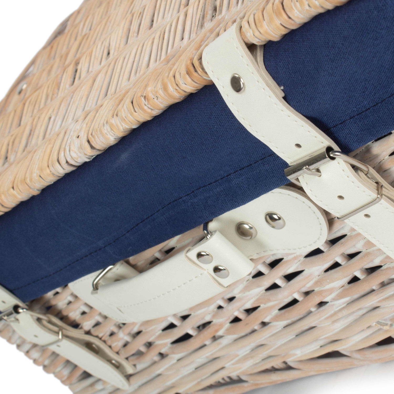 18 Inch White Wash Willow Hamper with Navy Blue Lining