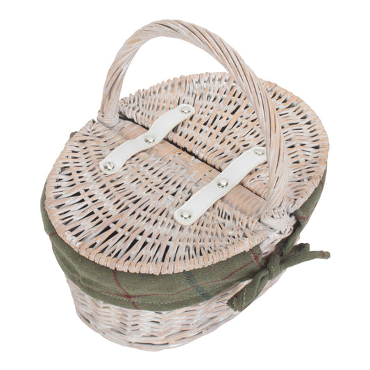 Child's White Wash Lidded Picnic Hamper Basket with Green Tweed Lining