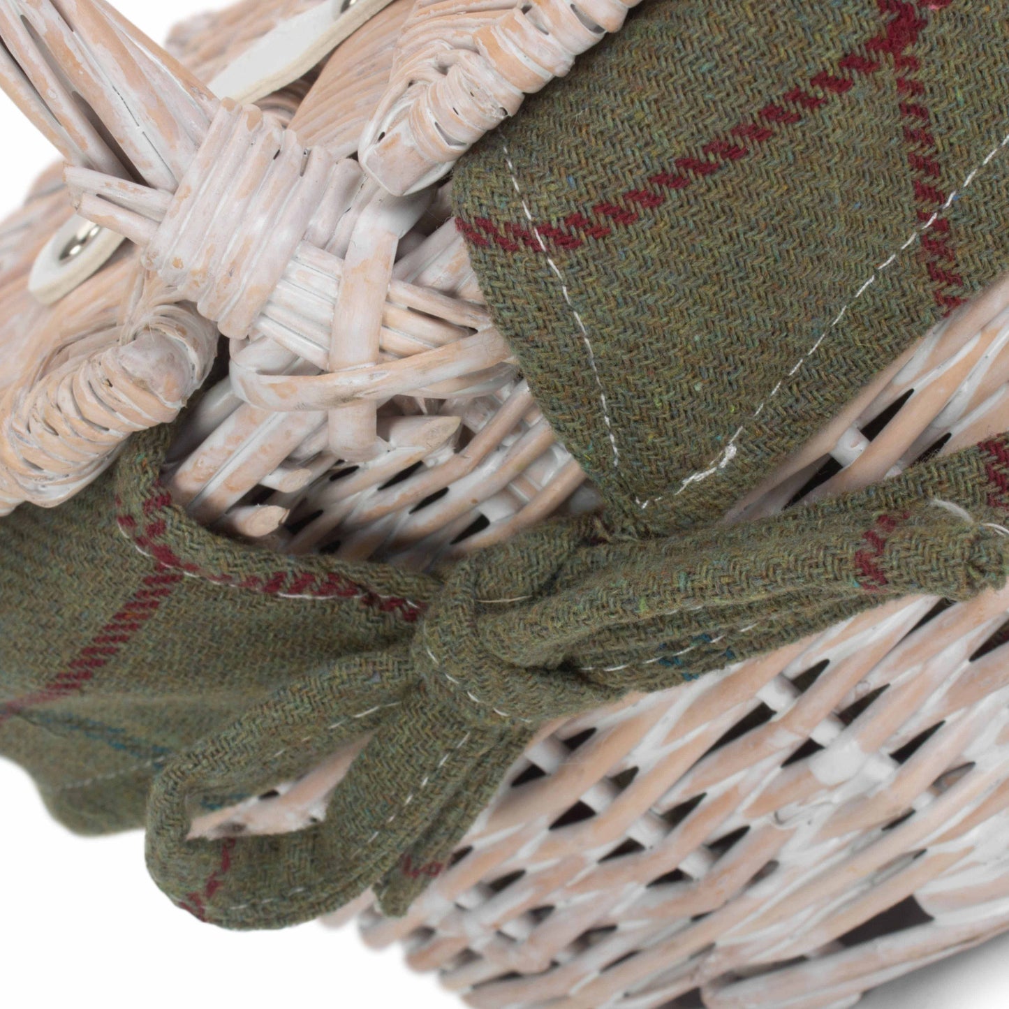 Child's White Wash Lidded Picnic Hamper Basket with Green Tweed Lining
