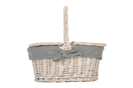 Child's White Wash Lidded Picnic Hamper Basket with Grey Sage Lining
