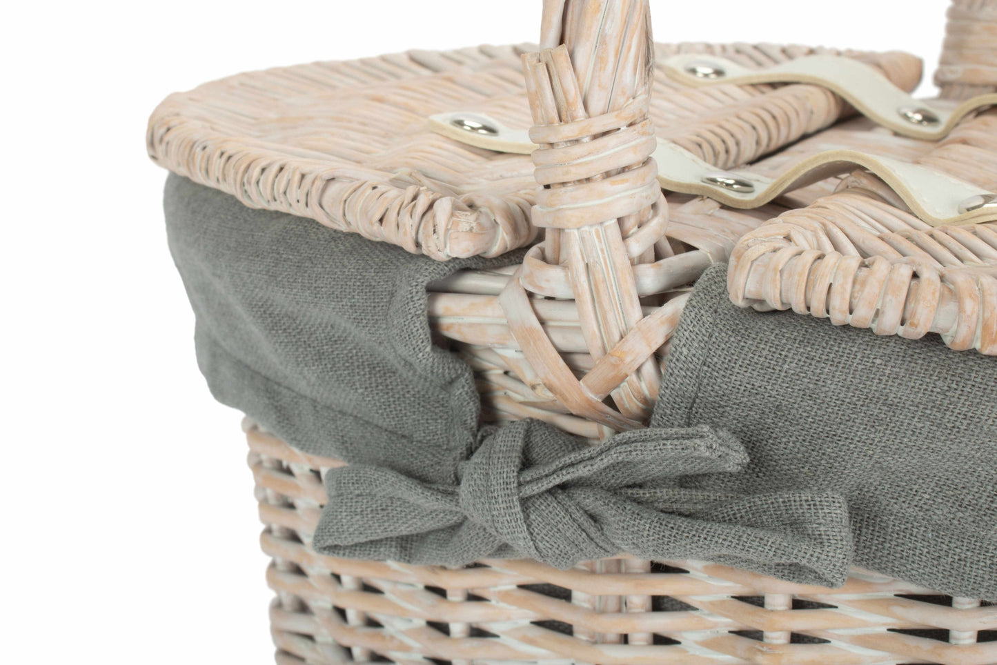 Child's White Wash Lidded Picnic Hamper Basket with Grey Sage Lining
