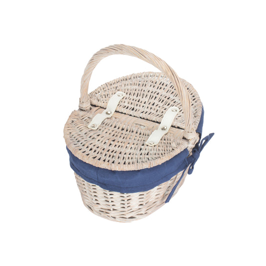 Child's White Wash Lidded Picnic Hamper Basket with Navy Blue Lining