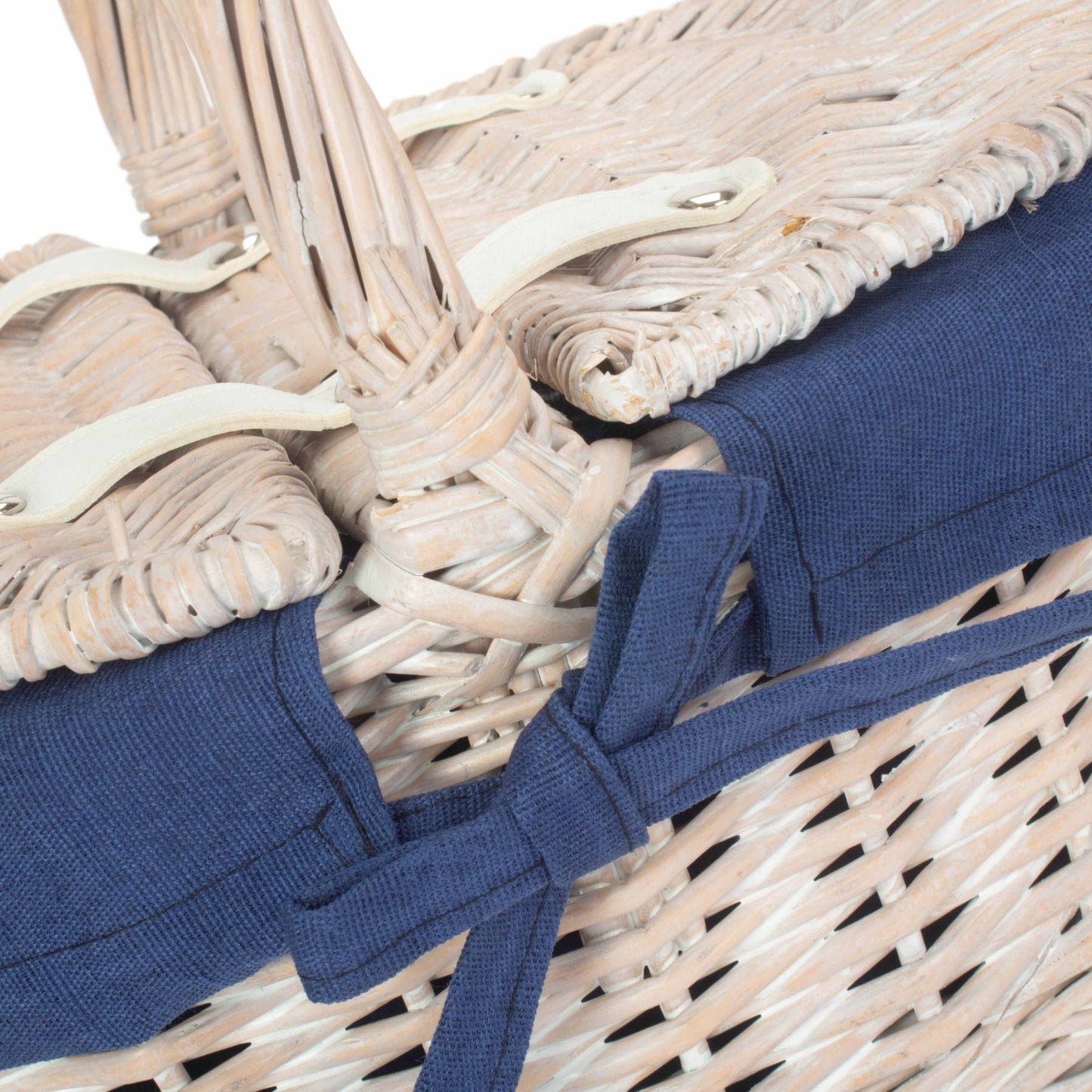 Child's White Wash Lidded Picnic Hamper Basket with Navy Blue Lining