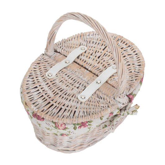 Child's White Wash Lidded Picnic Hamper Basket with Garden Rose Lining
