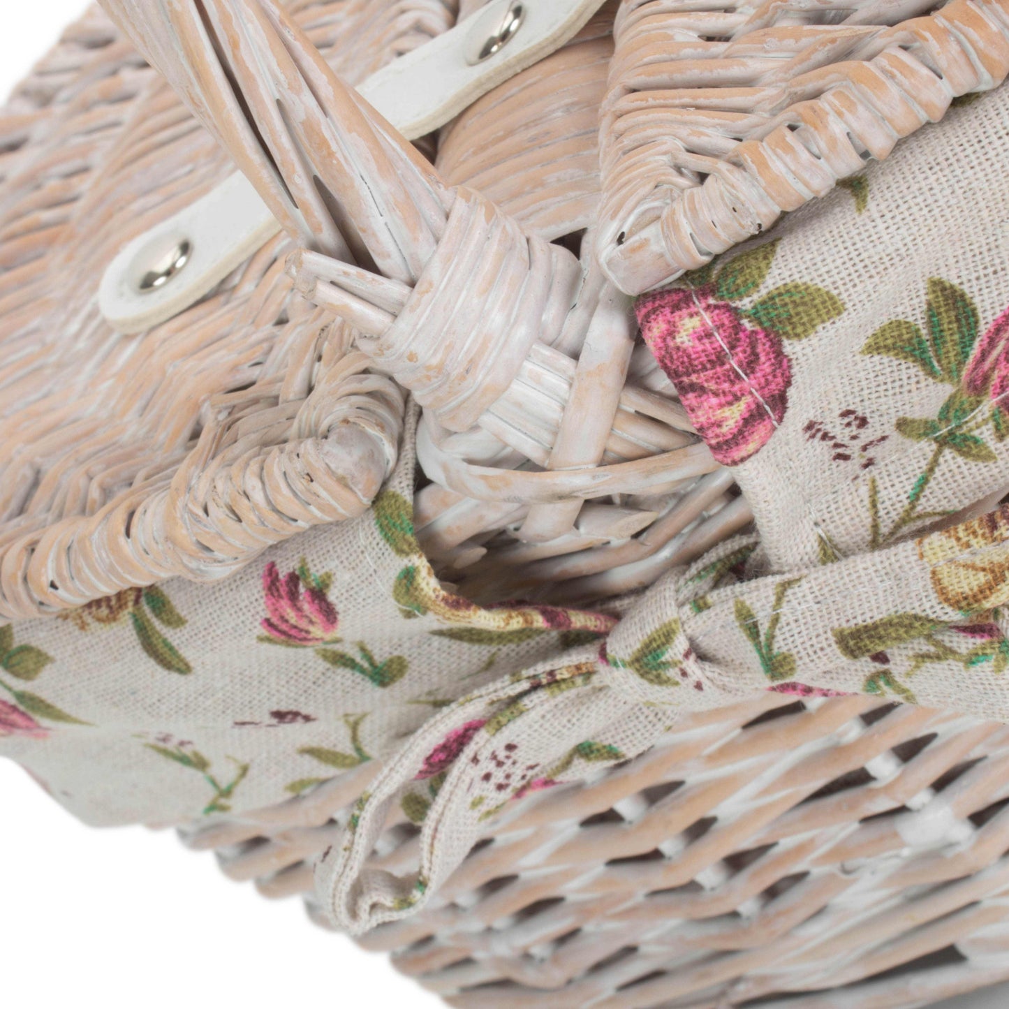 Child's White Wash Lidded Picnic Hamper Basket with Garden Rose Lining