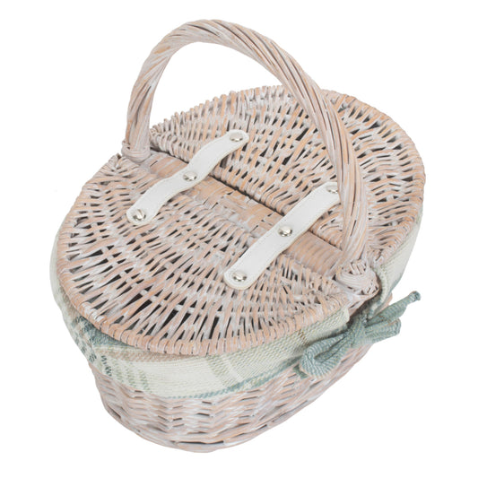 Child's White Wash Lidded Picnic Hamper Basket with Cream Tartan Lining