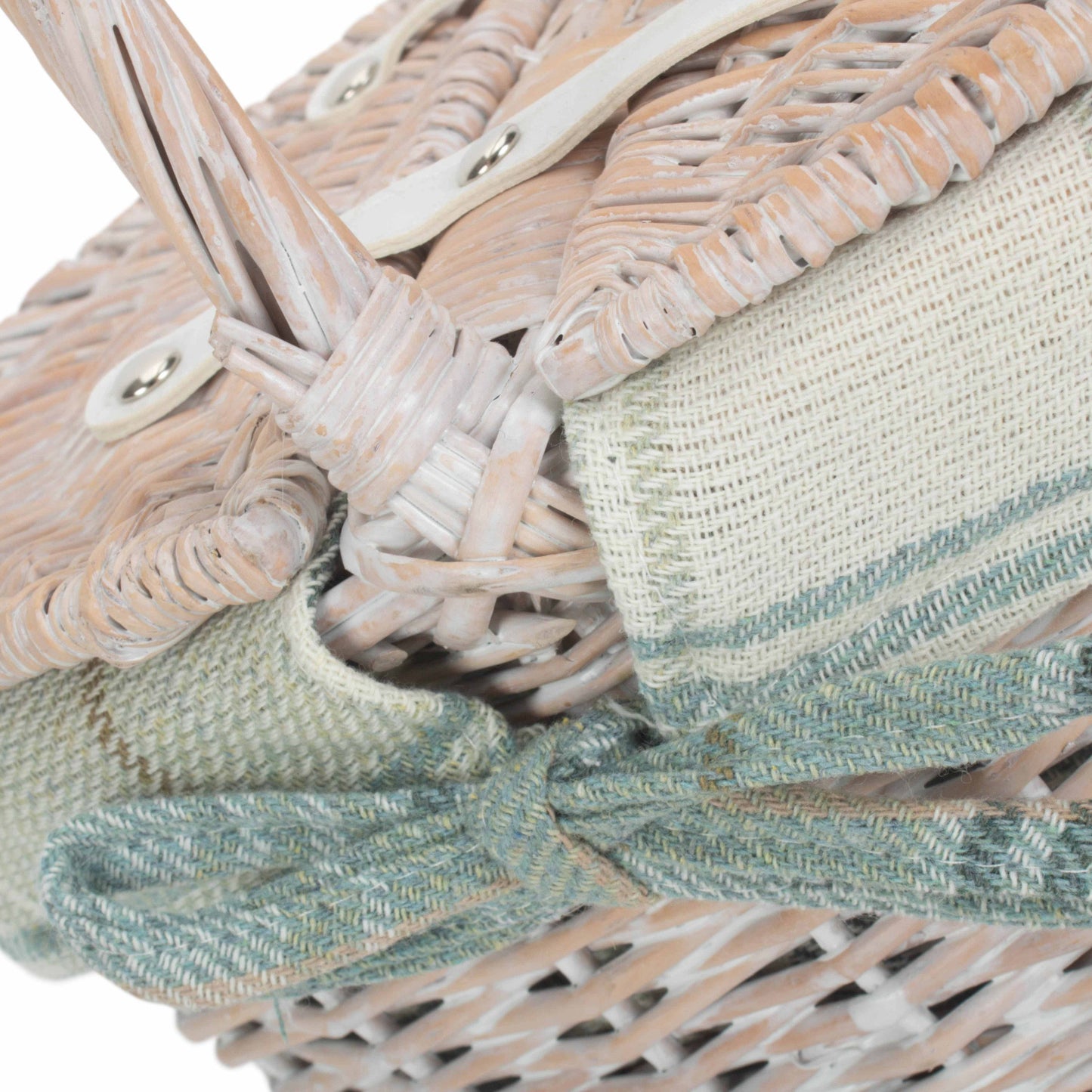 Child's White Wash Lidded Picnic Hamper Basket with Cream Tartan Lining