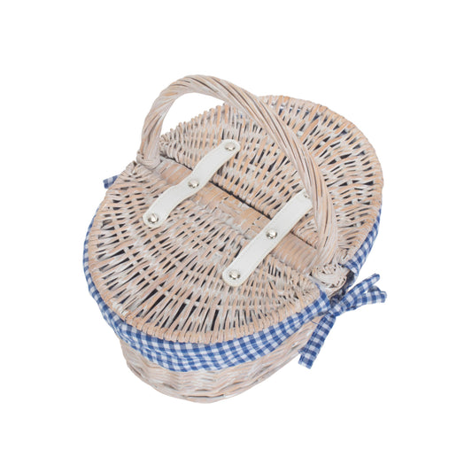 Child's White Wash Lidded PIcnic Hamper Basket with Blue & White Checked Lining