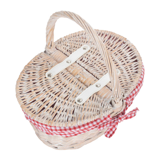 Child's White Wash Lidded Picnic Hamper Basket with Red & White Checked Lining
