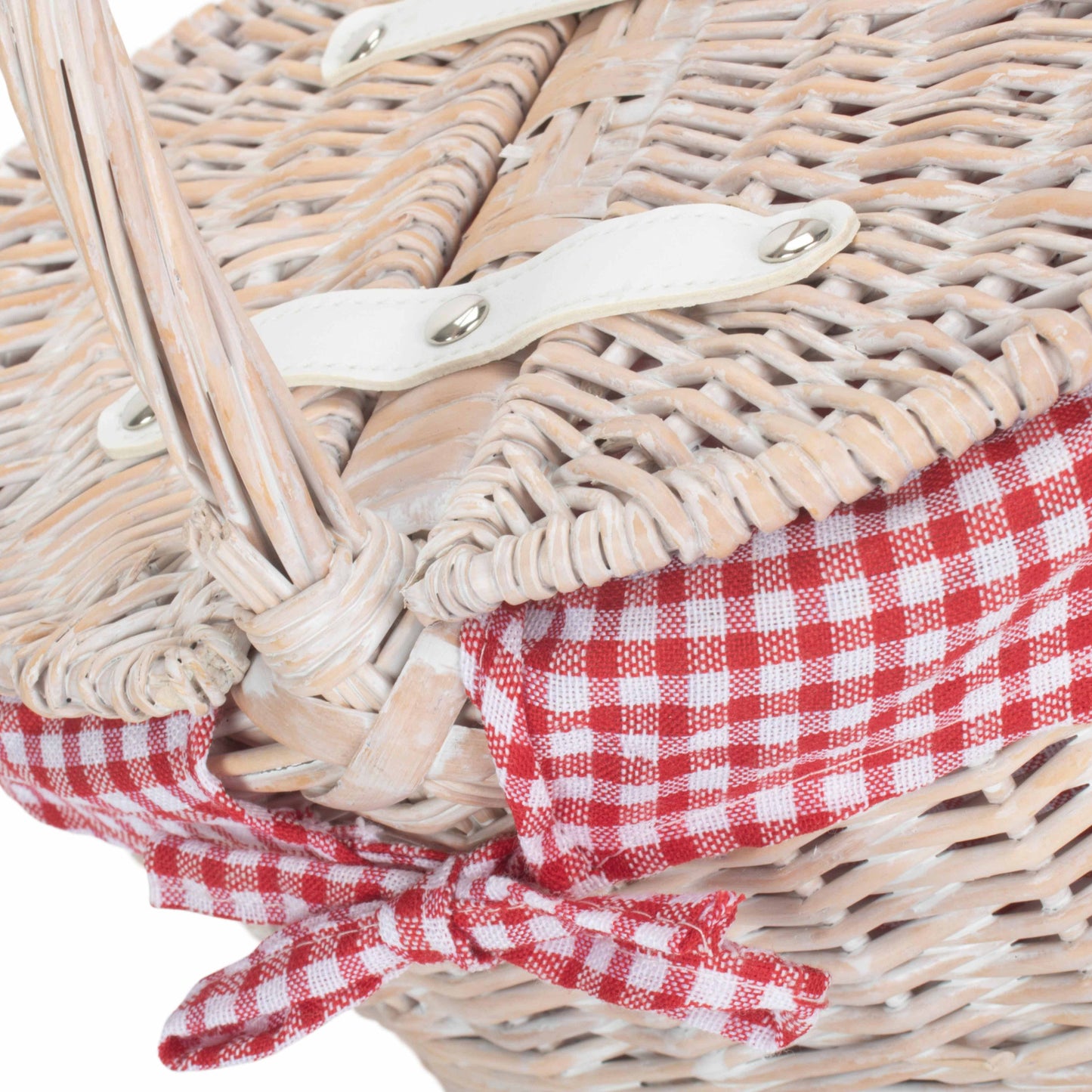 Child's White Wash Lidded Picnic Hamper Basket with Red & White Checked Lining