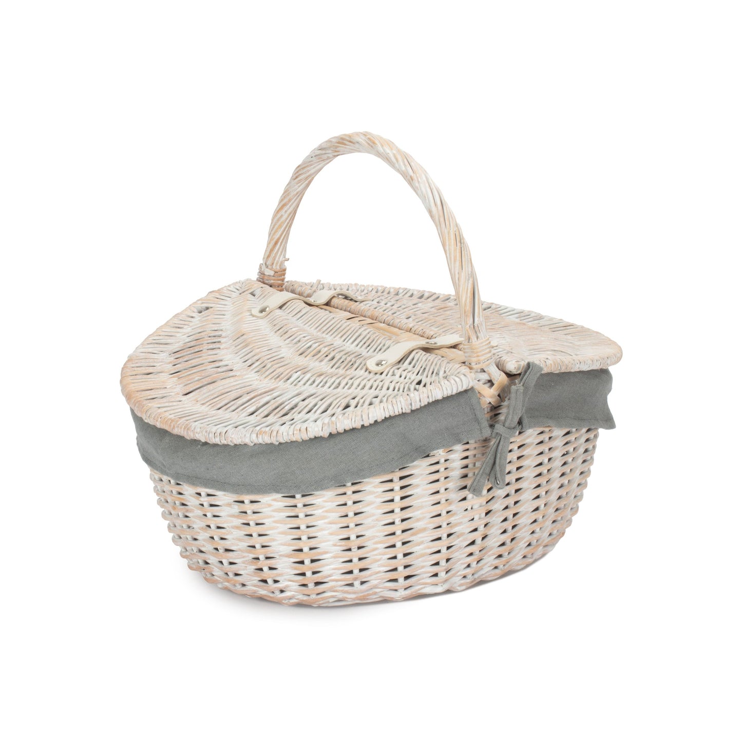 White Wash Finish Oval Picnic Hamper Basket with Grey Sage Lining