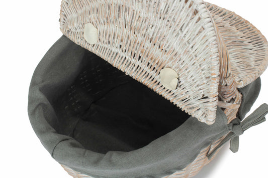 White Wash Finish Oval Picnic Hamper Basket with Grey Sage Lining