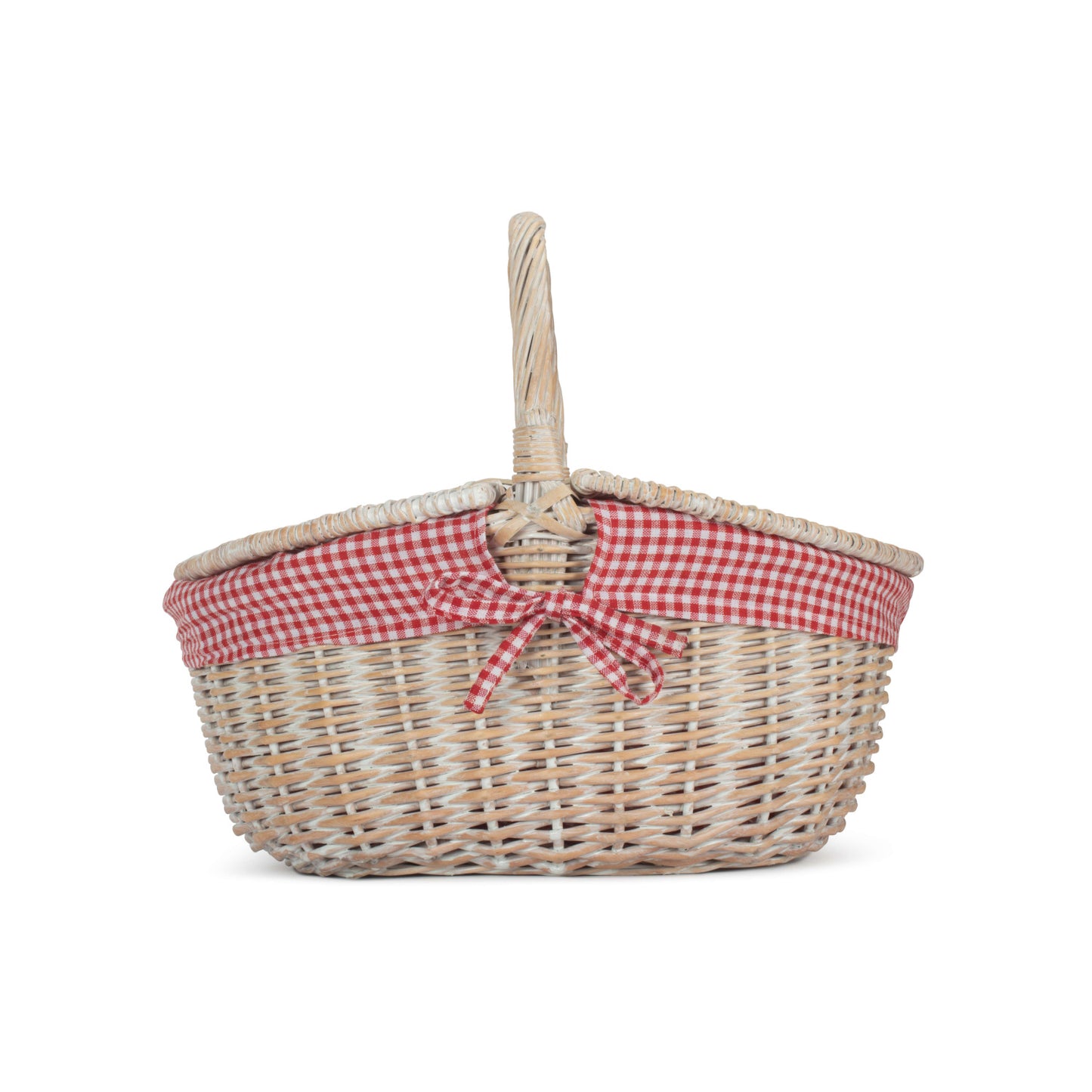 White Wash Finish Oval Picnic Hamper Basket with Red & White Checked Lining