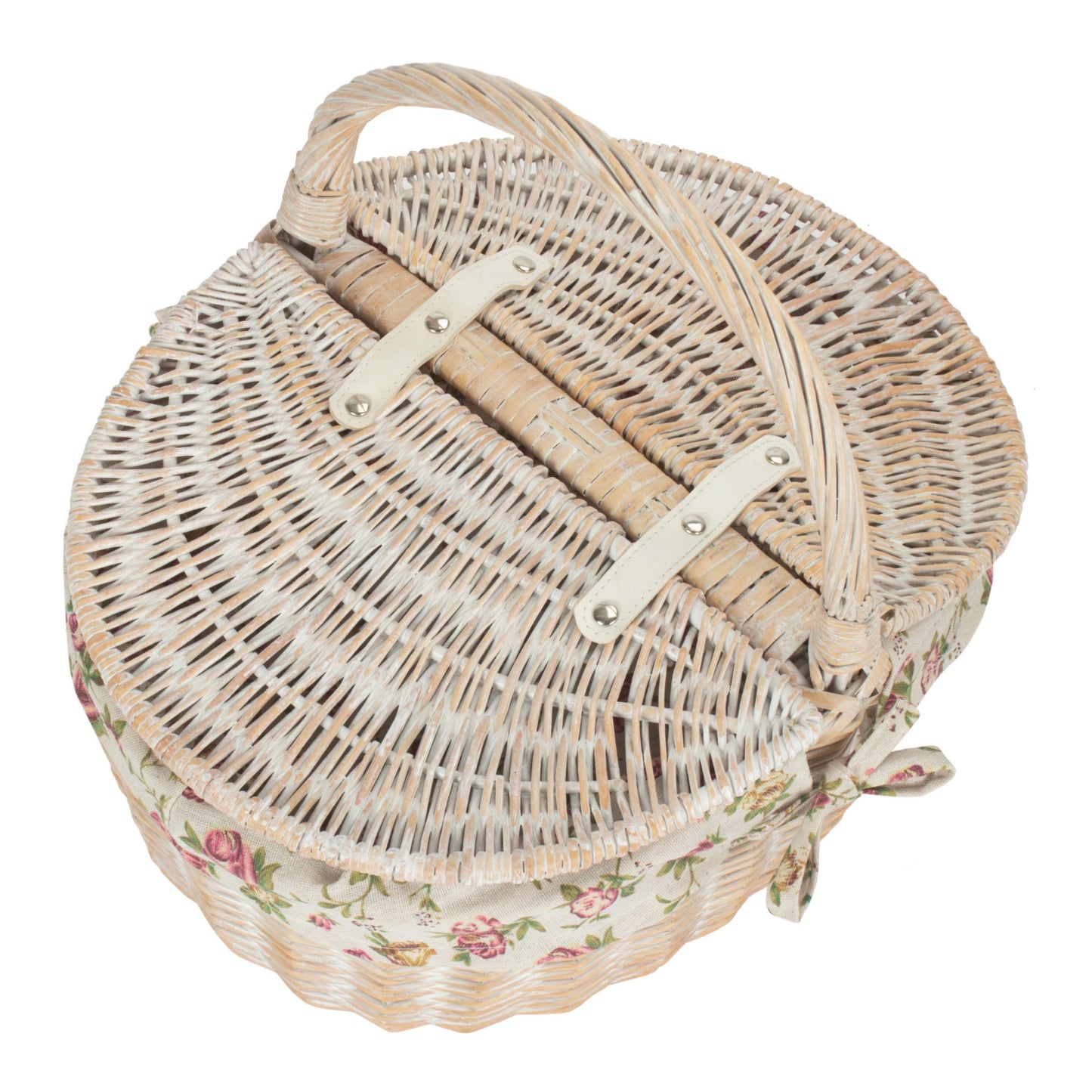 White Wash Finish Oval Picnic Hamper Basket with Garden Rose Lining
