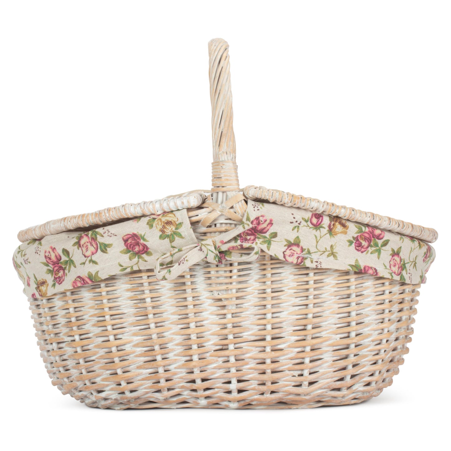 White Wash Finish Oval Picnic Hamper Basket with Garden Rose Lining