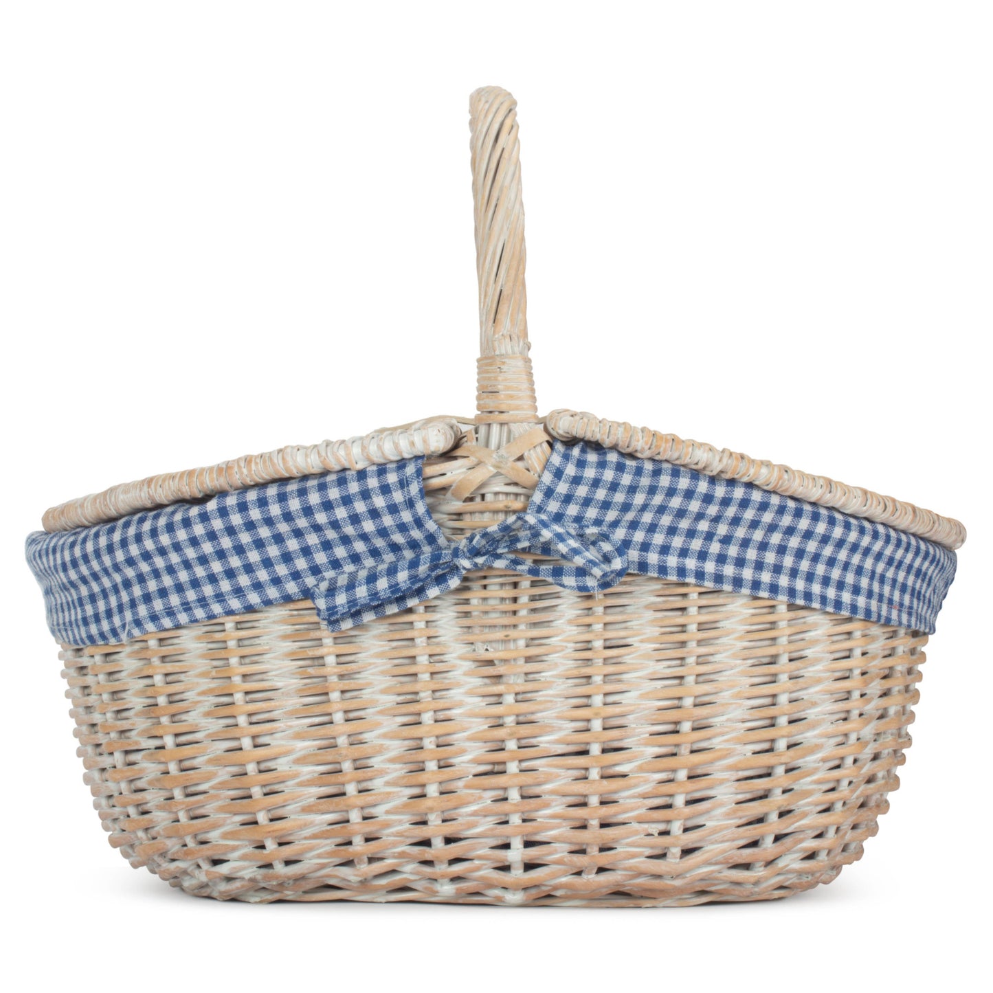 White Wash Finish Oval Picnic Hamper Basket with Blue & White Checked Lining