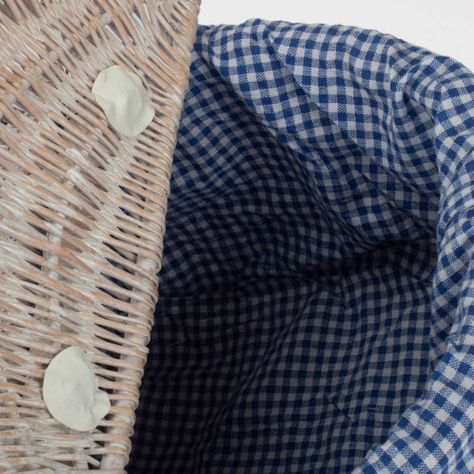 White Wash Finish Oval Picnic Hamper Basket with Blue & White Checked Lining