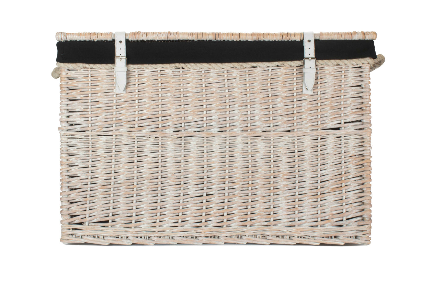 29 Inch White Wash Willow Storage Hamper with Rope Handles and Black Lining