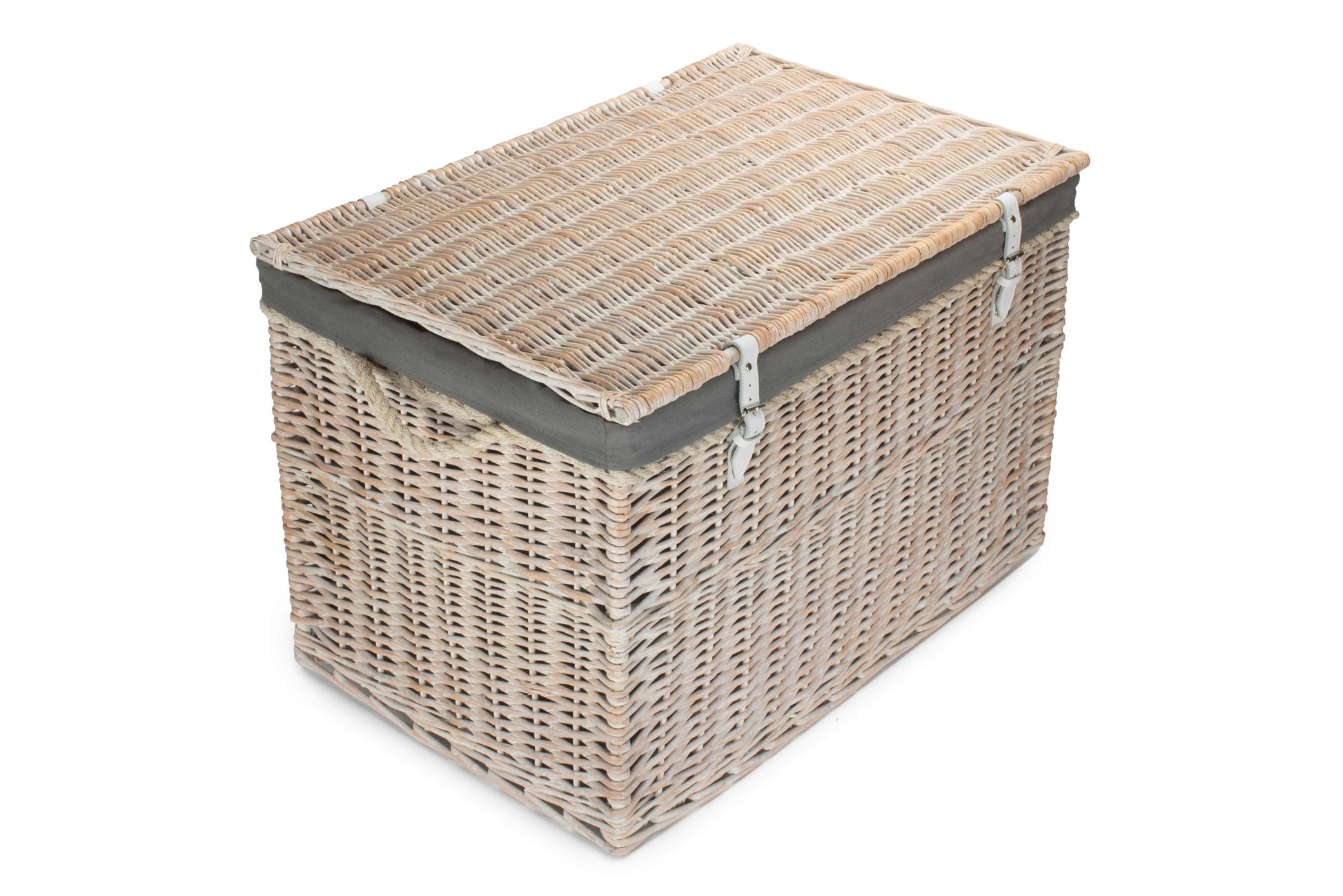 29 Inch White Wash Willow Storage Hamper with Rope Handles and Grey Sage Lining
