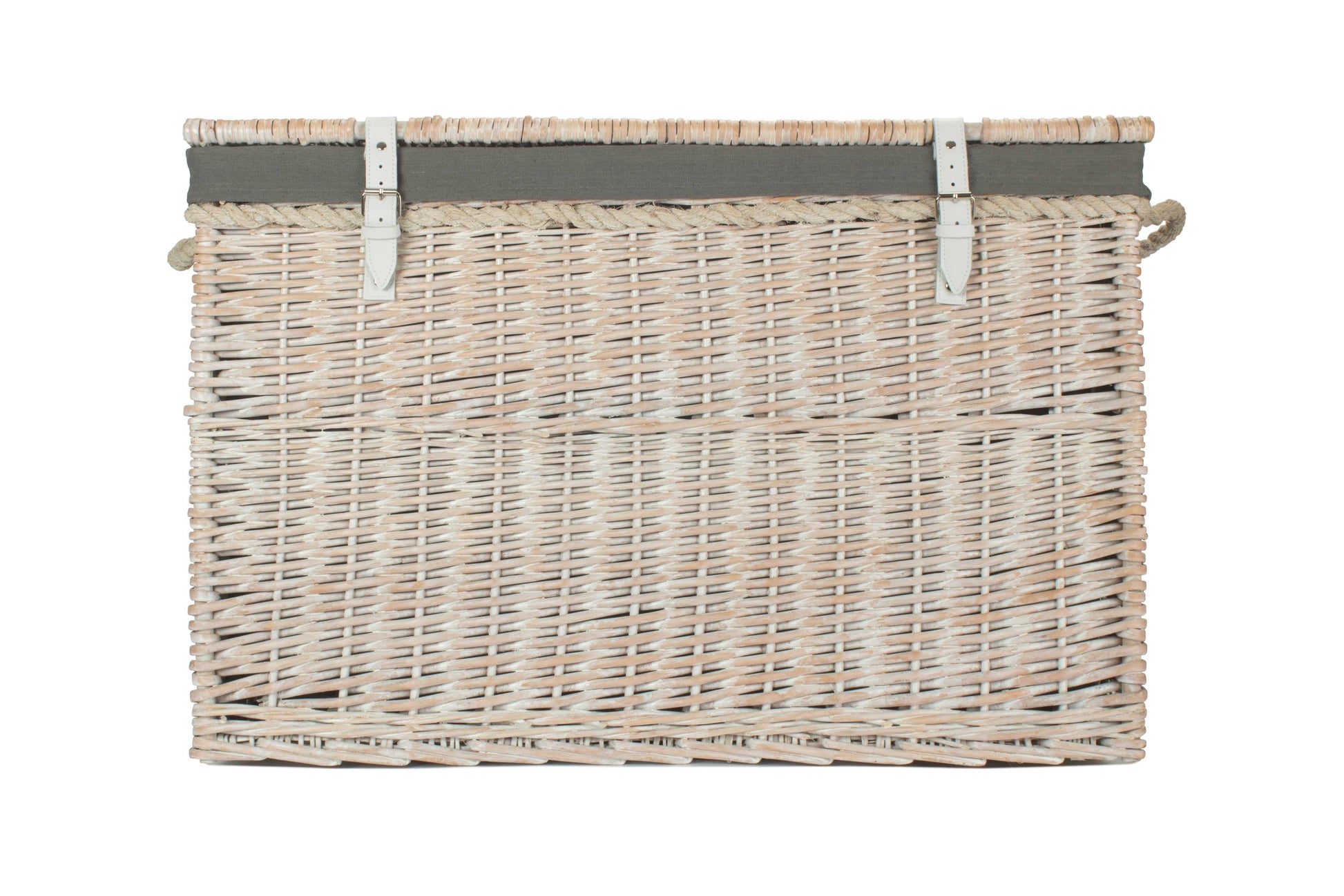 29 Inch White Wash Willow Storage Hamper with Rope Handles and Grey Sage Lining