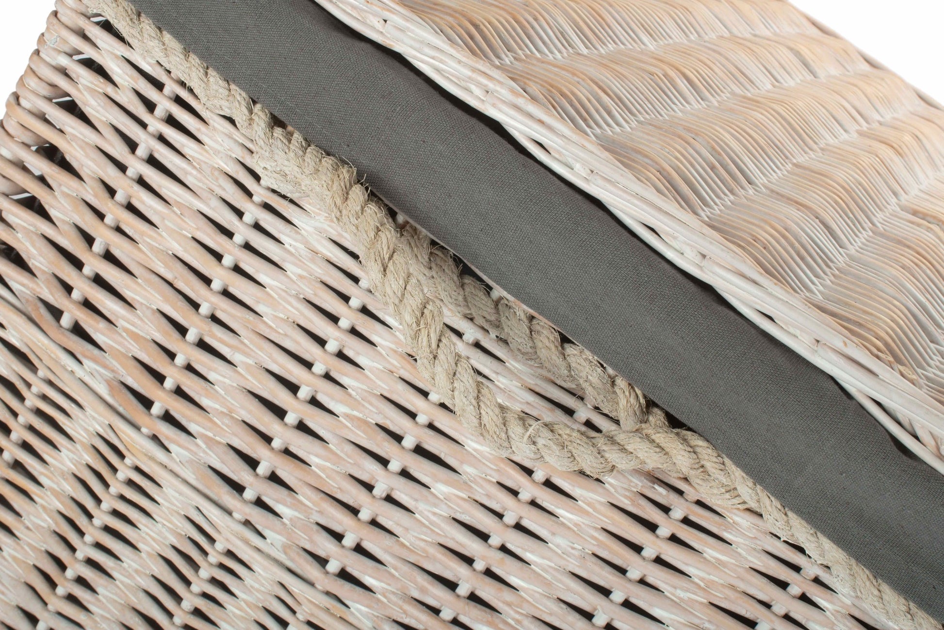 29 Inch White Wash Willow Storage Hamper with Rope Handles and Grey Sage Lining