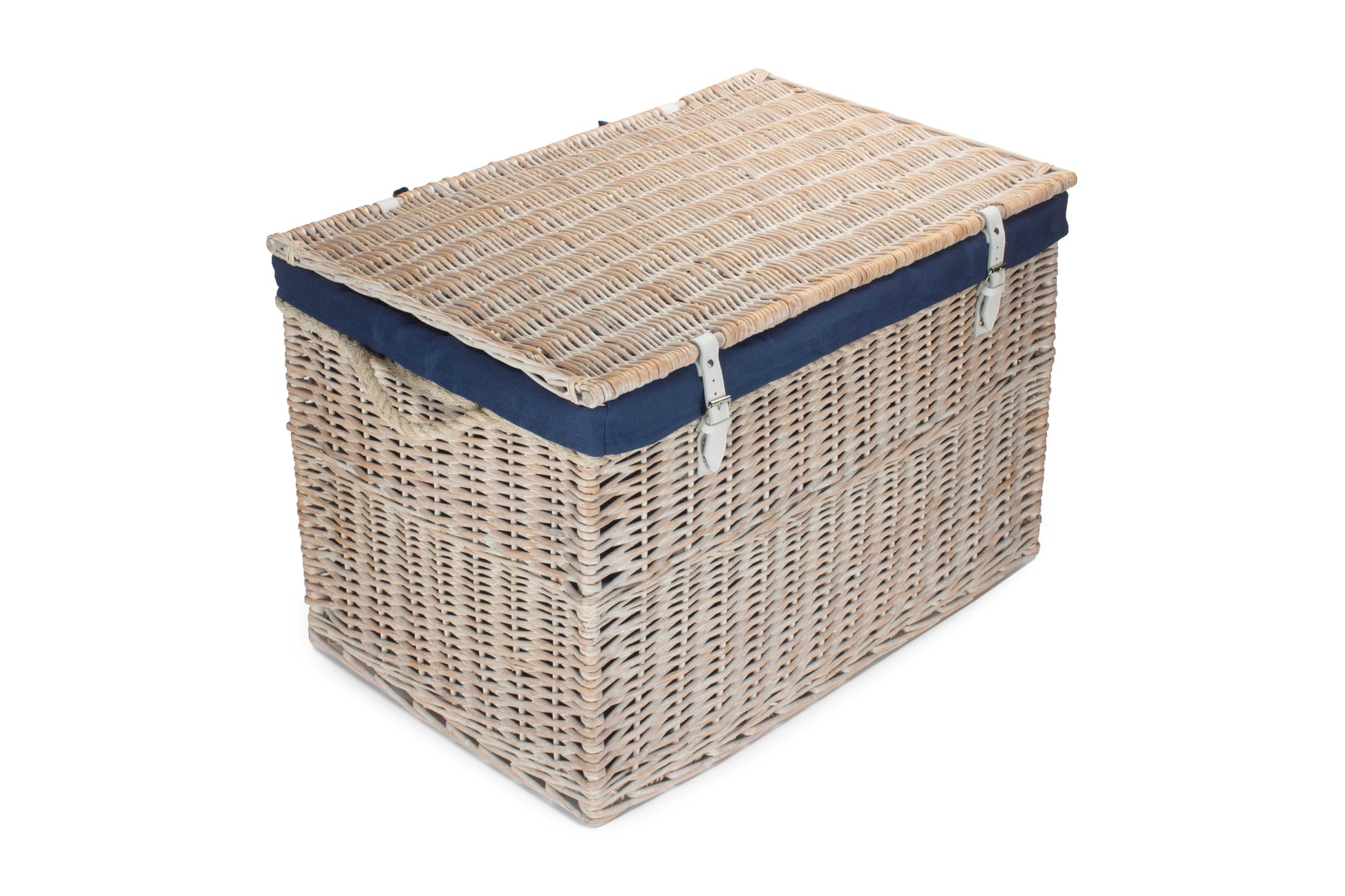 29 Inch White Wash Willow Storage Hamper with Rope Handles and Navy Blue Lining