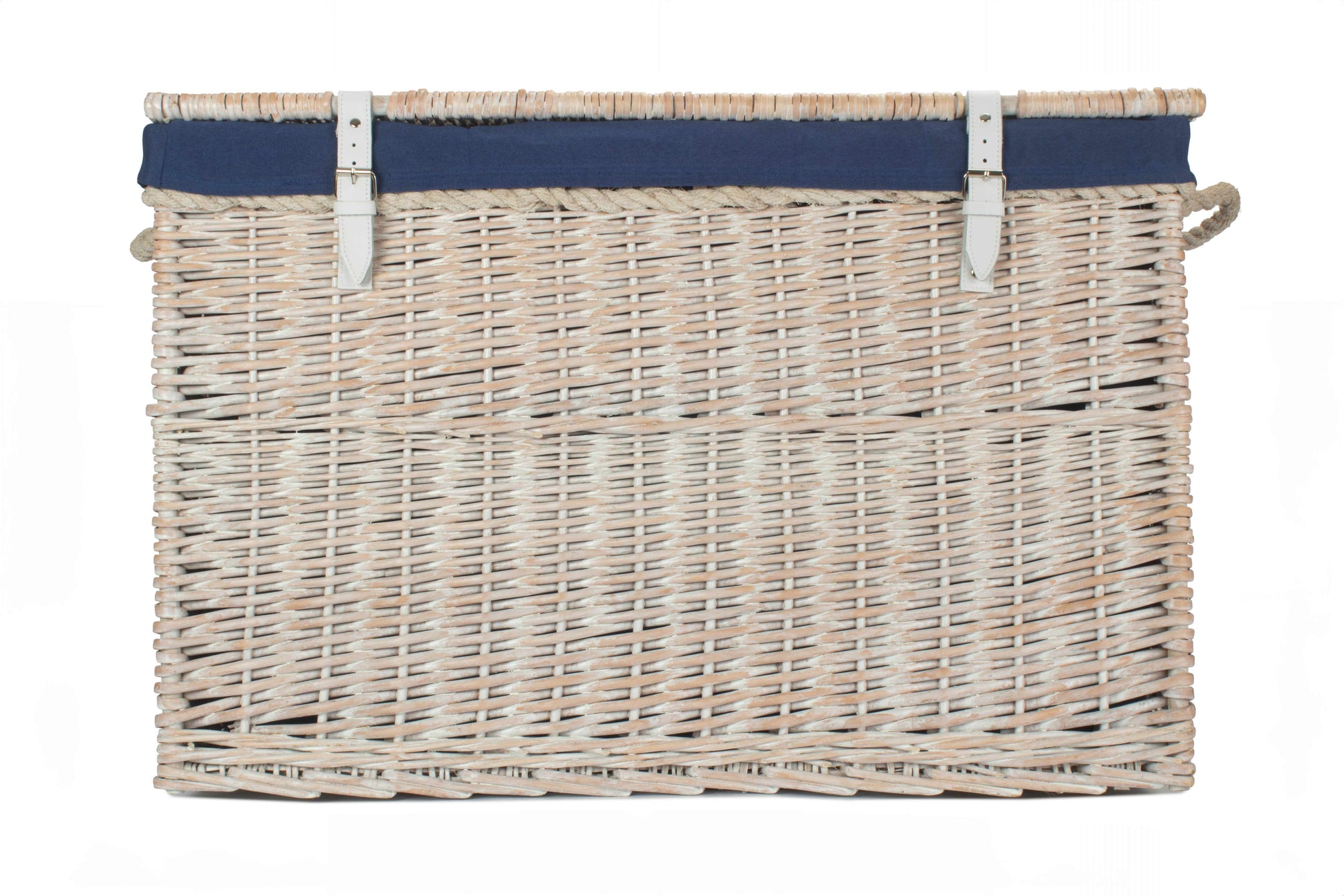 29 Inch White Wash Willow Storage Hamper with Rope Handles and Navy Blue Lining