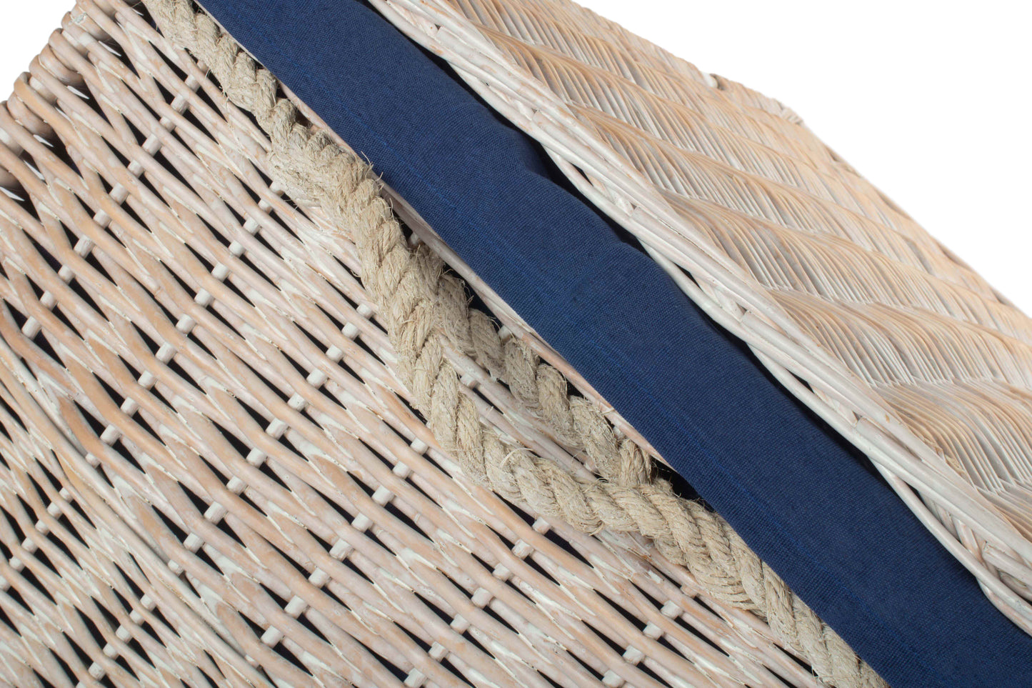 29 Inch White Wash Willow Storage Hamper with Rope Handles and Navy Blue Lining