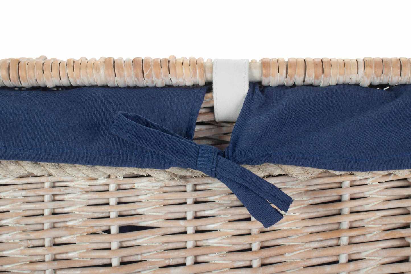 29 Inch White Wash Willow Storage Hamper with Rope Handles and Navy Blue Lining