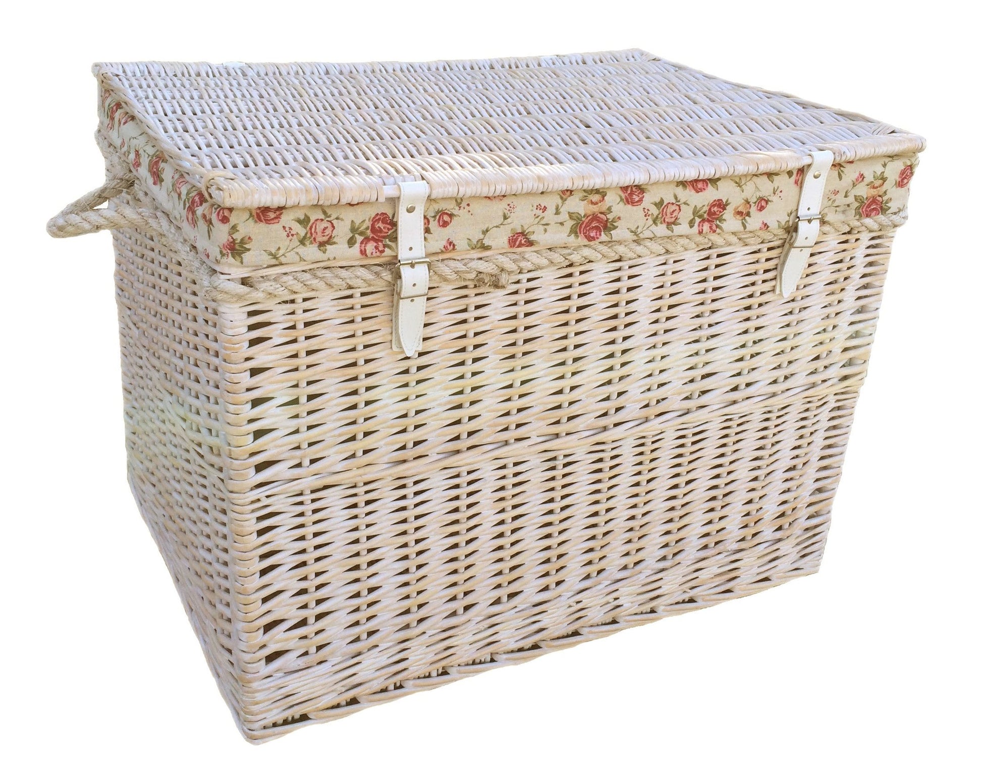29 Inch White Wash Willow Storage Hamper with Rope Handles and Garden Rose Lining
