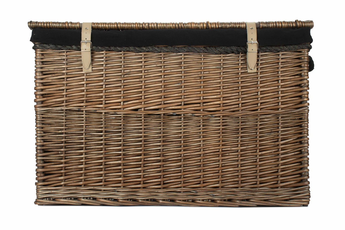 29 Inch Antique Wash Willow Storage Hamper with Rope Handles and Black Lining