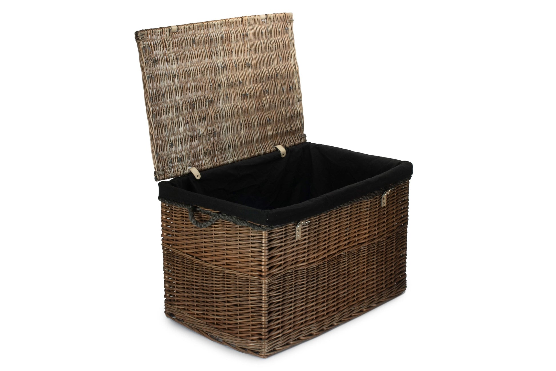 29 Inch Antique Wash Willow Storage Hamper with Rope Handles and Black Lining