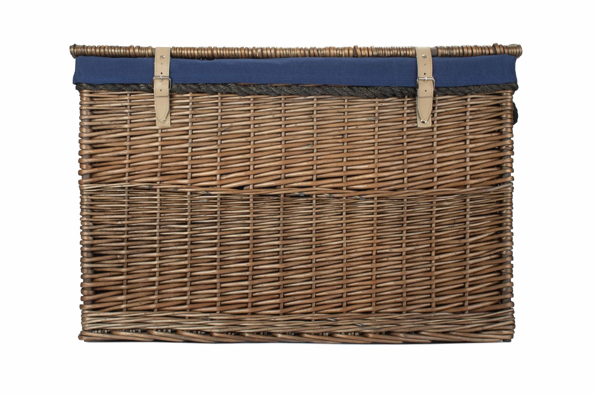29 Inch Antique Wash Willow Storage Hamper with Rope Handles and Navy Blue Lining
