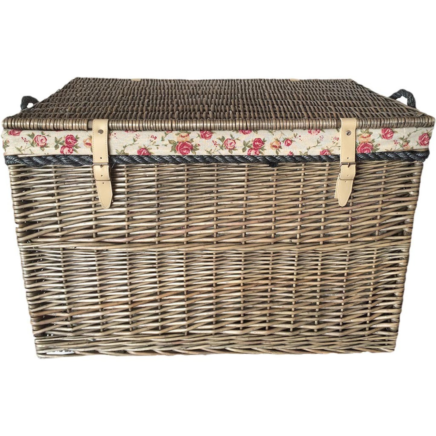 29 Inch Antique Wash Willow Storage Hamper with Rope Handles and Garden Rose Lining