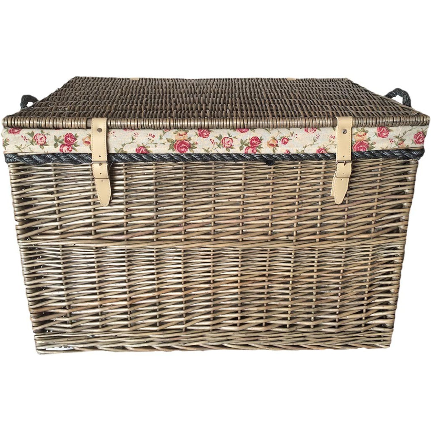 29 Inch Antique Wash Willow Storage Hamper with Rope Handles and Garden Rose Lining