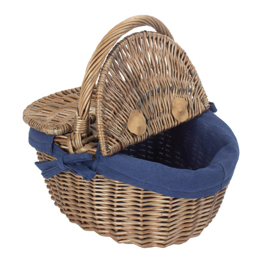 Small Antique Wash Finish Willow Oval Picnic Basket with Navy Blue Lining