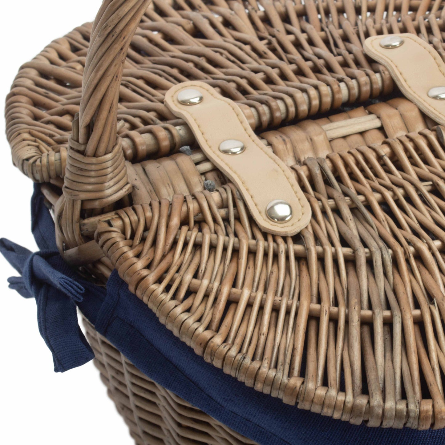 Small Antique Wash Finish Willow Oval Picnic Basket with Navy Blue Lining