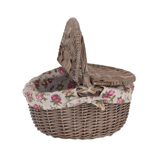 Small Antique Wash Finish Willow Oval Picnic Basket with Garden Rose Lining