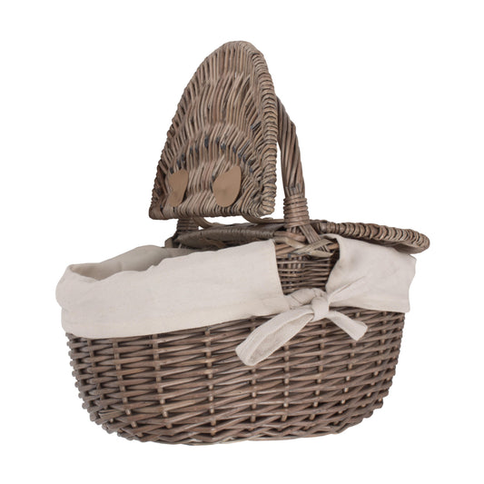 Small Antique Wash Finish Willow Oval Picnic Basket with White Lining