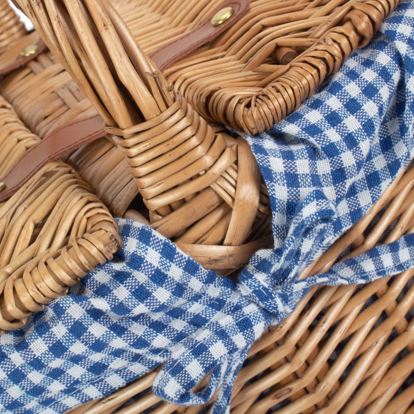 Light Steamed Willow Oval Lidded Picnic Hamper Basket with Blue & White Checked Lining