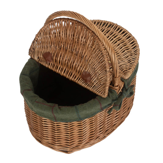 Light Steamed Willow Oval Lidded Picnic Hamper Basket with Green Tweed Lining