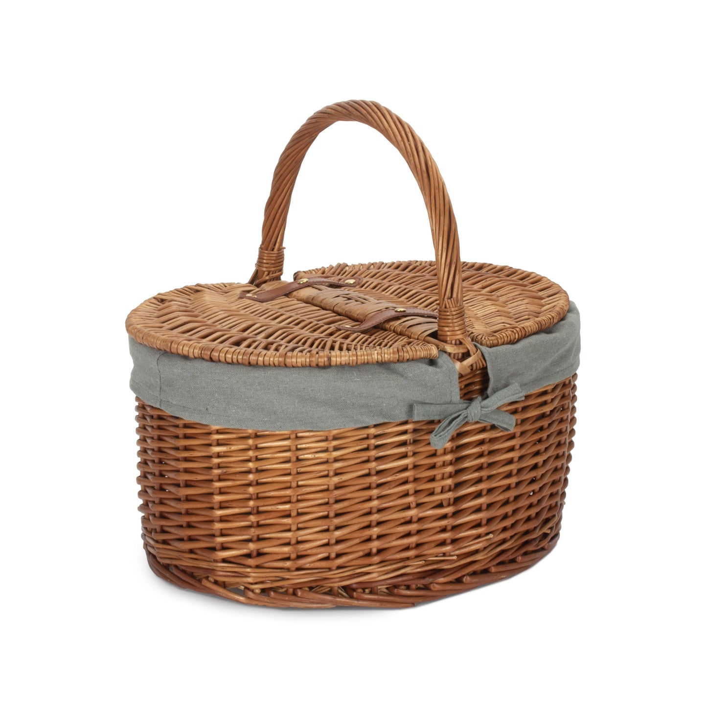 Light Steamed Willow Oval Lidded Picnic Hamper Basket with Grey Sage Lining