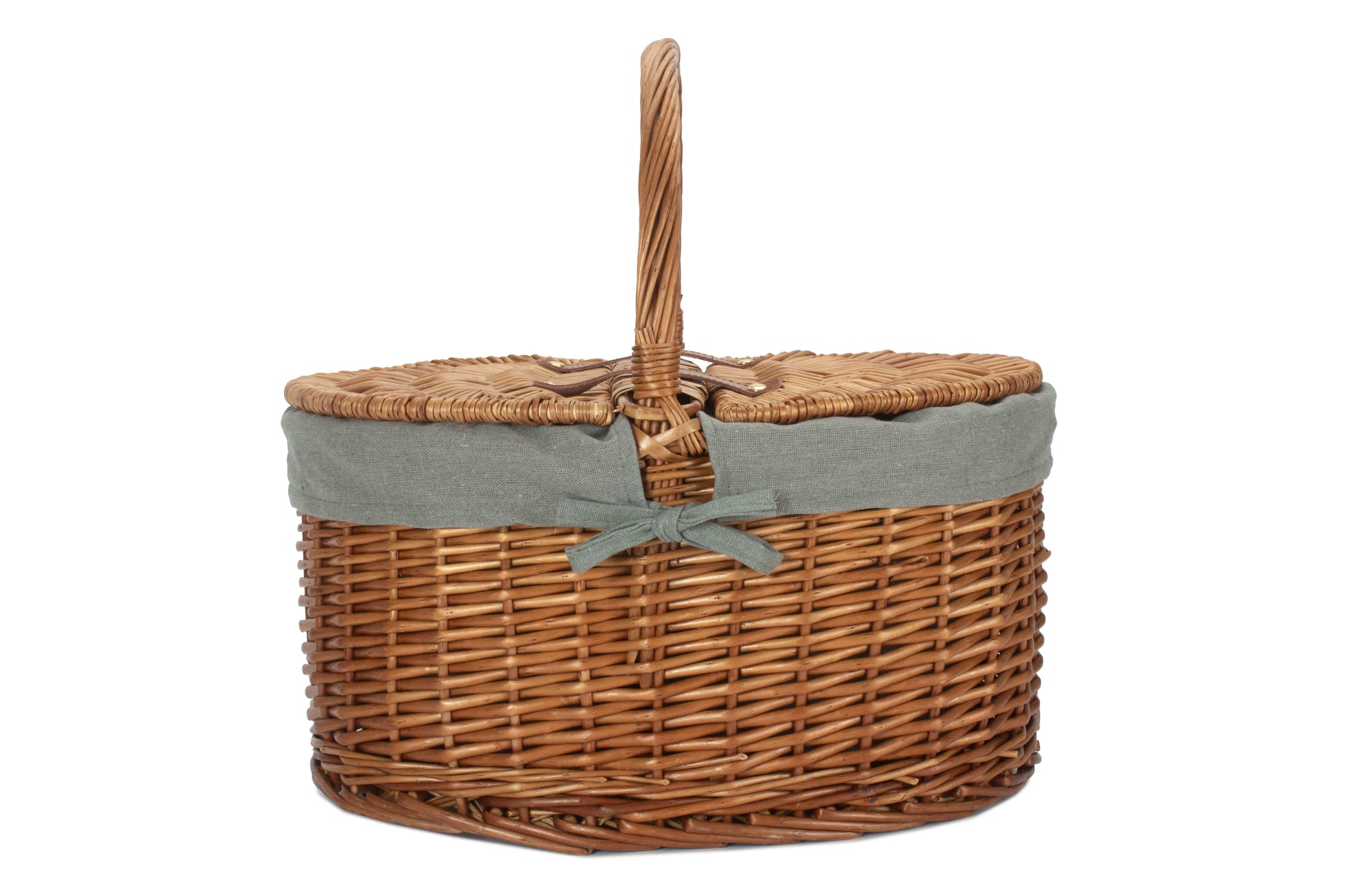 Light Steamed Willow Oval Lidded Picnic Hamper Basket with Grey Sage Lining