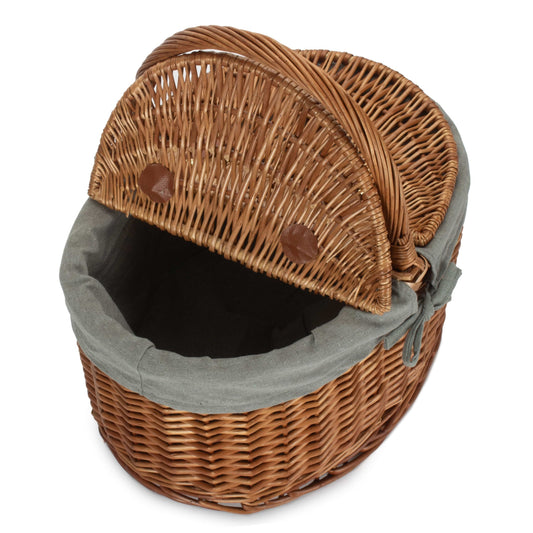 Light Steamed Willow Oval Lidded Picnic Hamper Basket with Grey Sage Lining