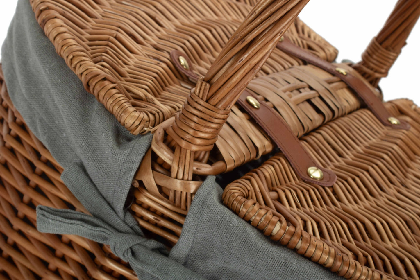 Light Steamed Willow Oval Lidded Picnic Hamper Basket with Grey Sage Lining
