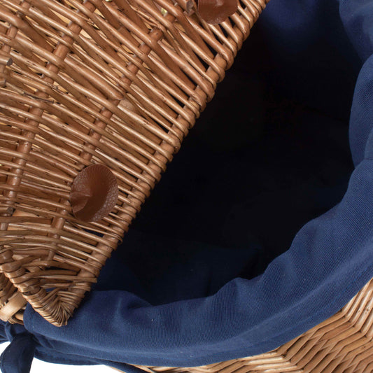 Light Steamed Willow Oval Lidded Picnic Hamper Basket with Navy Blue Lining