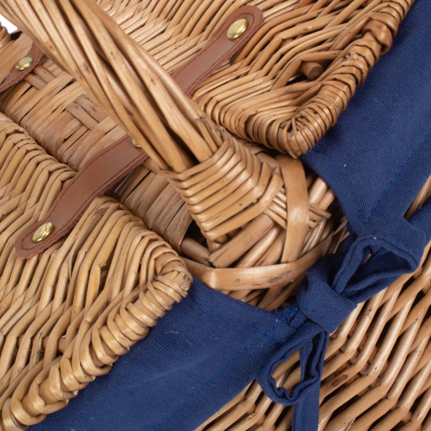 Light Steamed Willow Oval Lidded Picnic Hamper Basket with Navy Blue Lining